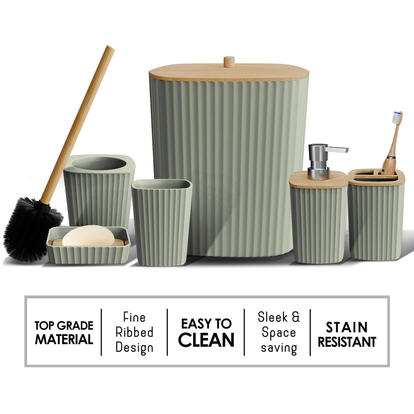 Clara Clark Bathroom Set - Sage Green Bathroom Accessories Set, 6PC Bathroom Accessory Set, Bathroom Sets with Bathroom Rugs, Toilet Brush, Trash Can & Soap Dispenser