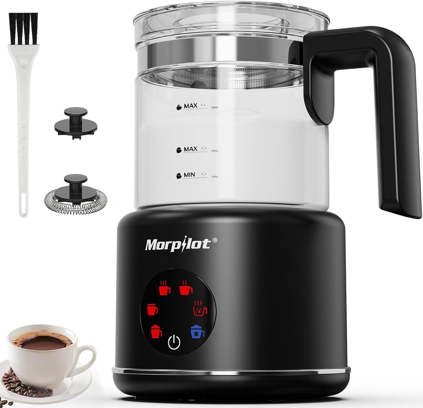 Large Electric Milk Frother and Steamer, 16.9oz/500ml Milk Steamer and Frother for Latte or Hot Chocolate, Dishwasher Safe, BPA Free, 6 Functions, Enjoy Perfect Milk Froth in 2 Min (Black-Glass)