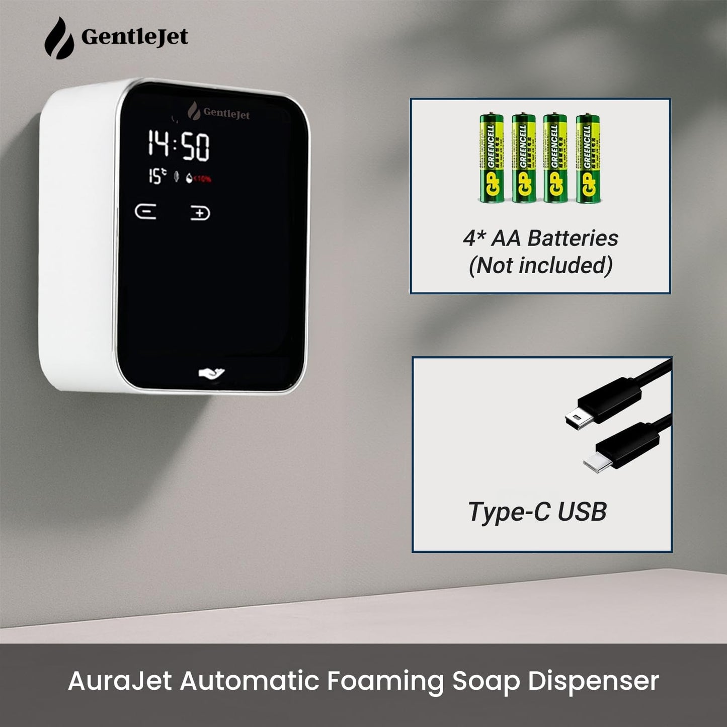 GentleJet AuraJet Automatic Foaming Soap Dispenser, LED Display, Aluminum Alloy Body, 5 Foam Levels Adjustable, USB-C or Battery Powered, 16.2 oz Automatic Soap Dispenser Touchless Wall Mount
