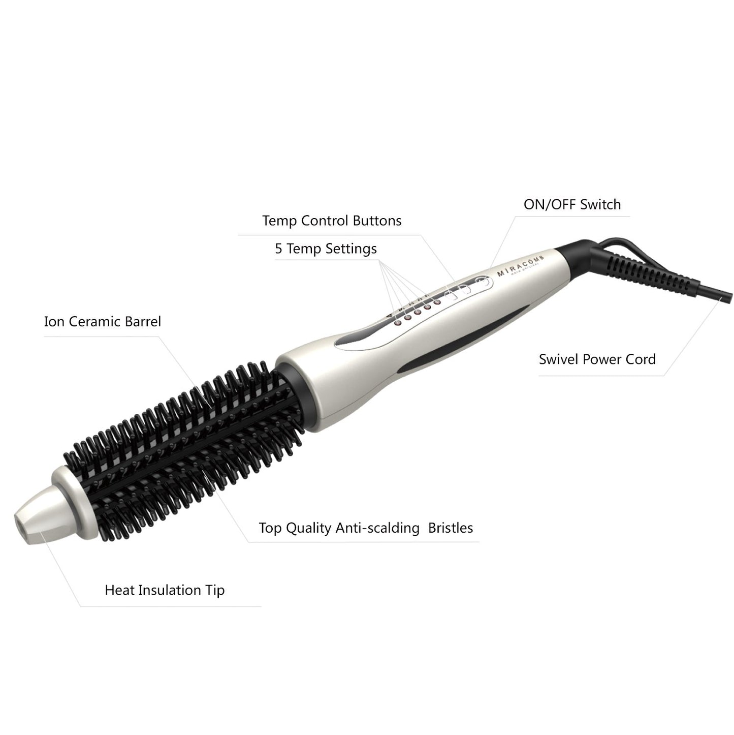 MIRACOMB Hair Curler Straightening Brush - Ceramic Tourmaline Flat Curling Iron - Cool Touch Round Brush PRO Multi Styler with 5 Heat Adjustments, 1 Inch Barrel, White (Enhanced)