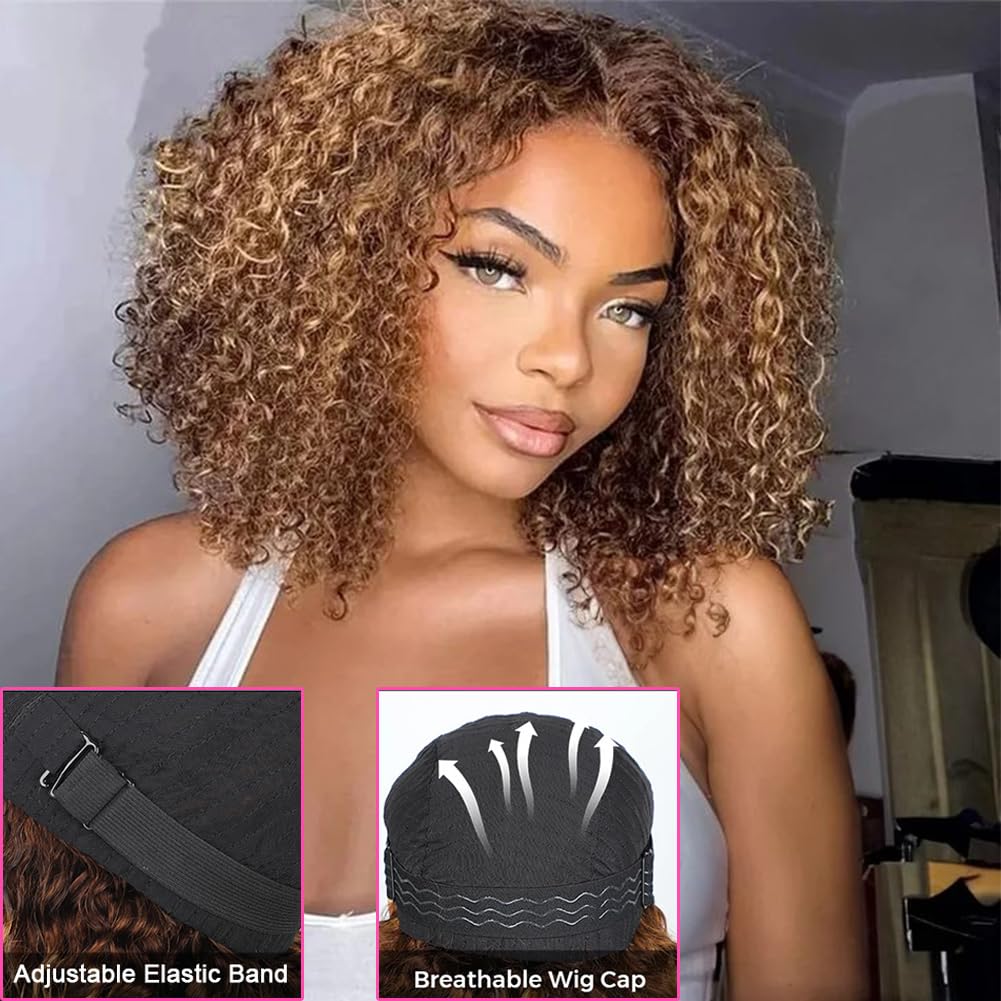 16 inch Wear and Go Glueless Wig Ombre Highlight 4/27 Afro Kinkycurly Wigs Pre Cut HD Lace Wig human hair Pre Plucked,Natural Hairline for Women 200% Density