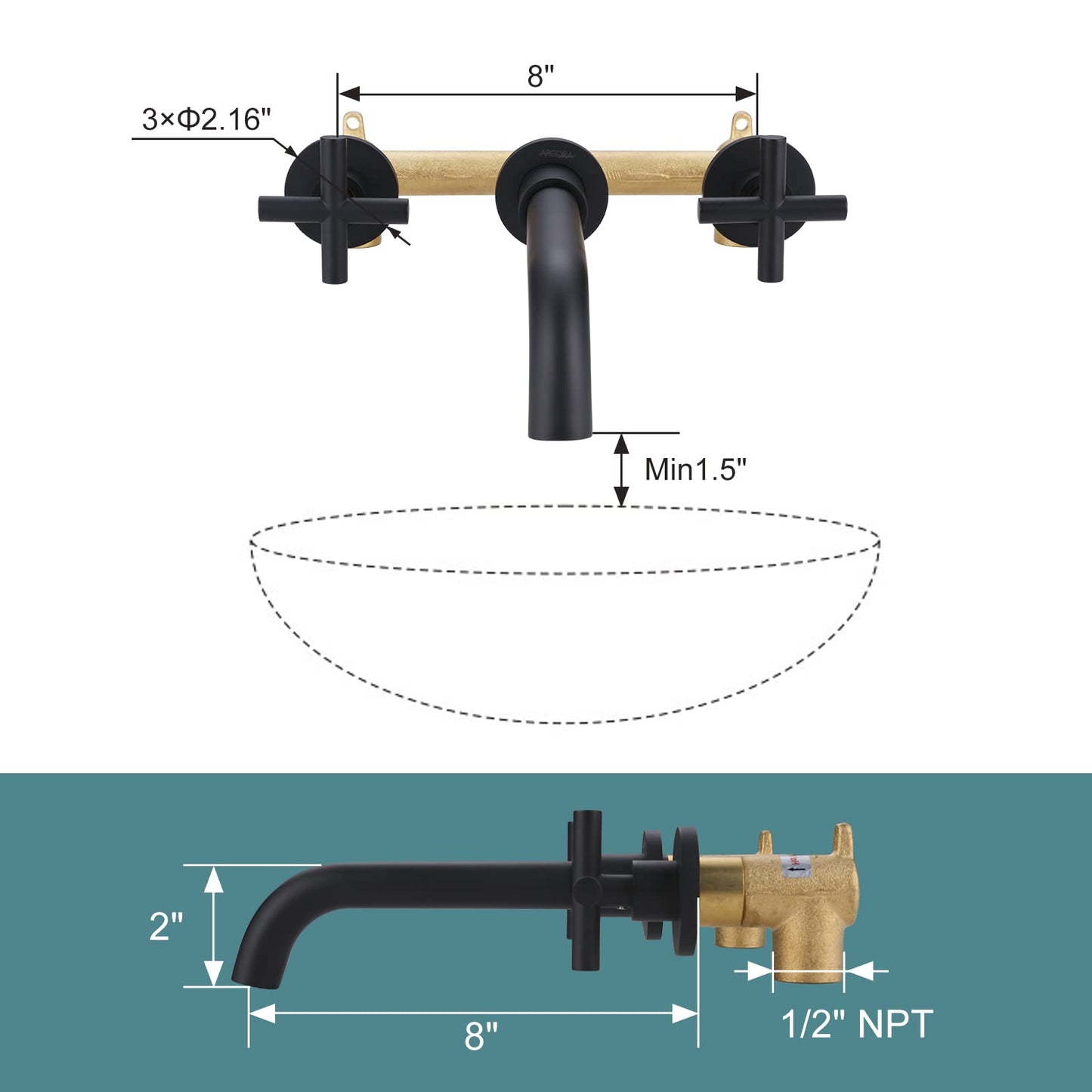 Matte Black Bathroom Faucet, ARCORA 2 Handle Wall Mount Bathroom Faucet and Rough-in Valve Included, Vessel Sink Faucet Wall Mounted