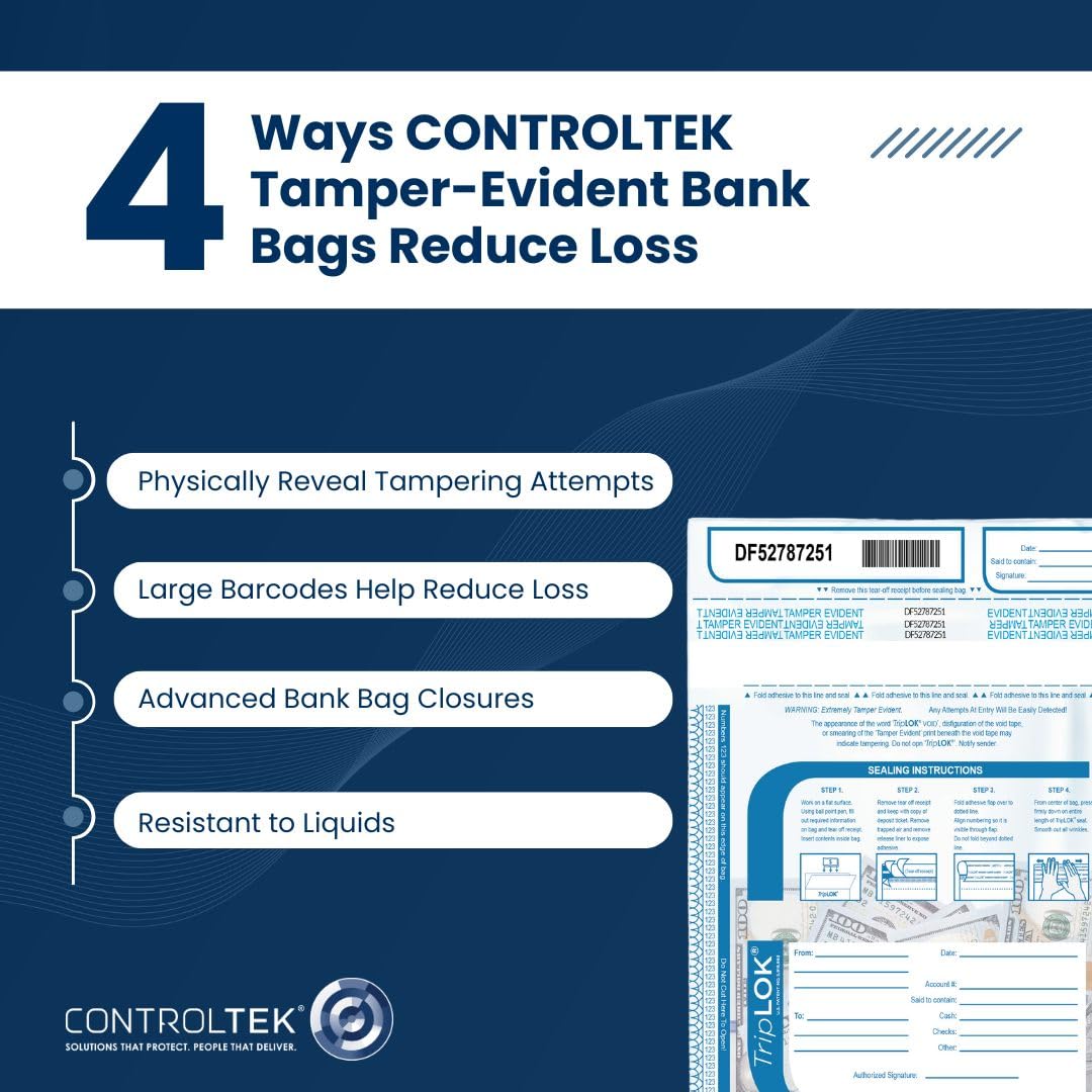 ControlTek TripLok Tamper-Evident Deposit Bags, Clear, 12" x 16", 100 Bags