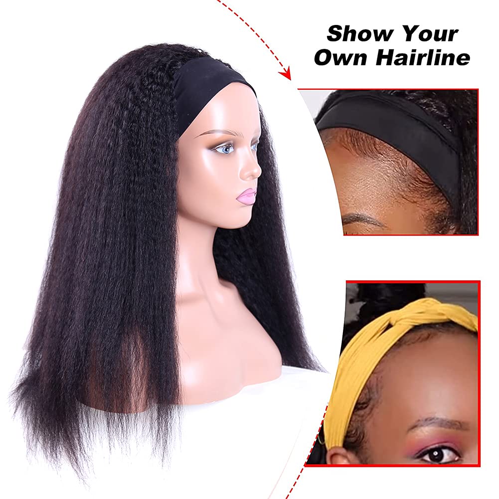 Vanmast Headband Wigs Human Hair 180% Density 12A Kinky Straight Human Hair Headband Wigs For Black Women Yaki Straight Human Hair Wigs With Headband Attached Half Wig Natural Black Color 24 Inch