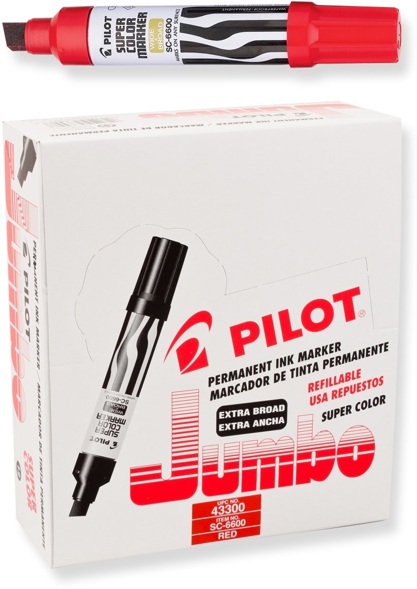 Pilot Super Color Jumbo Refillable Permanent Markers, Red Ink, Extra-Wide Chisel Point, Jumbo Permanent Markers, 12-Pack