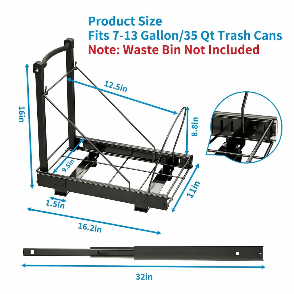 Chenthrall Adjustable Under Cabinet Trash Can Organizer with Soft Close Rail - Heavy Duty Black Steel Under Sink Pull-Out Organizer, Fits 7-13 Gallon, Up to 125 lbs Capacity (Trash Can Not Included)