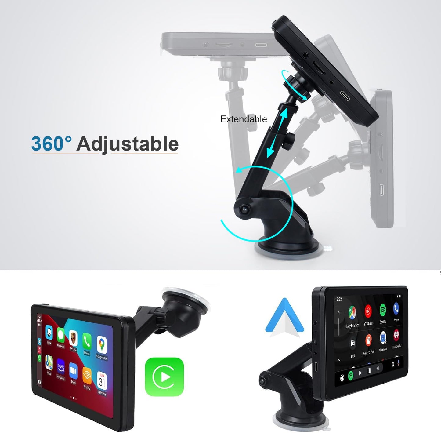 Wireless Apple Carplay Screen for Car, 7" HD Touch Screen Portable Car Stereo for Carplay & Android Auto ，with Backup Camera,Mirror Link, GPS Navigation, Siri, AirPlay, AUX, FM, Voice Control
