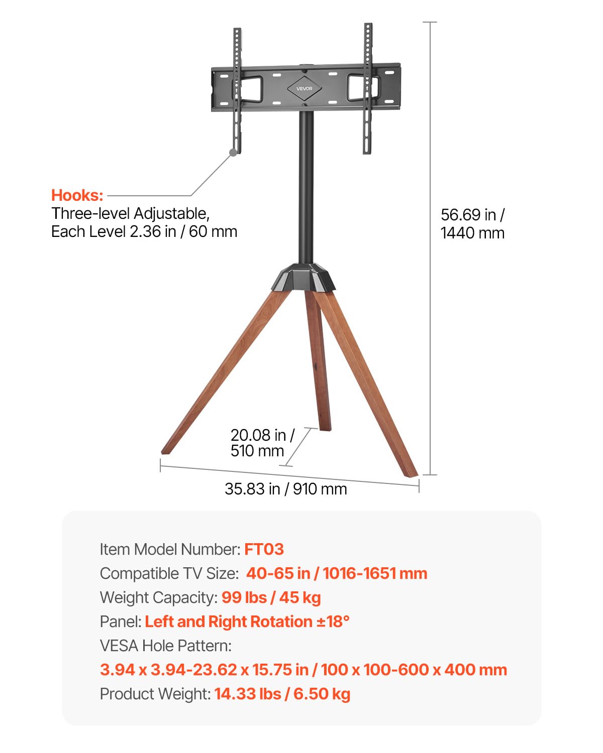 VEVOR Tripod Easel TV Stand, for 40-65 inch Flat Screen/Curved TVs Up to 99 lbs, 18° Left-Right Rotation Portable TV Stand with Oak Wood Legs, for Bedroom, Living Room, Studio, MAX VESA 600 x 400 mm