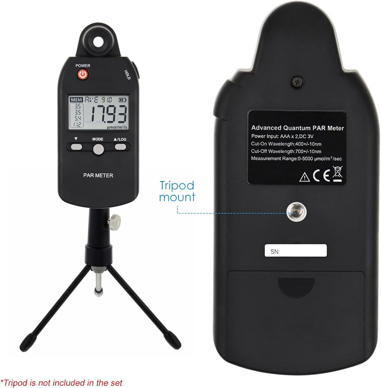 Quantum PAR Meter for LED Grow Light Full Spectrum PPFD Meter High Precision Quantum Sensor, Light Meter for Plants, Greenhouse and Farming Lux Meter Tester 400-700nm
