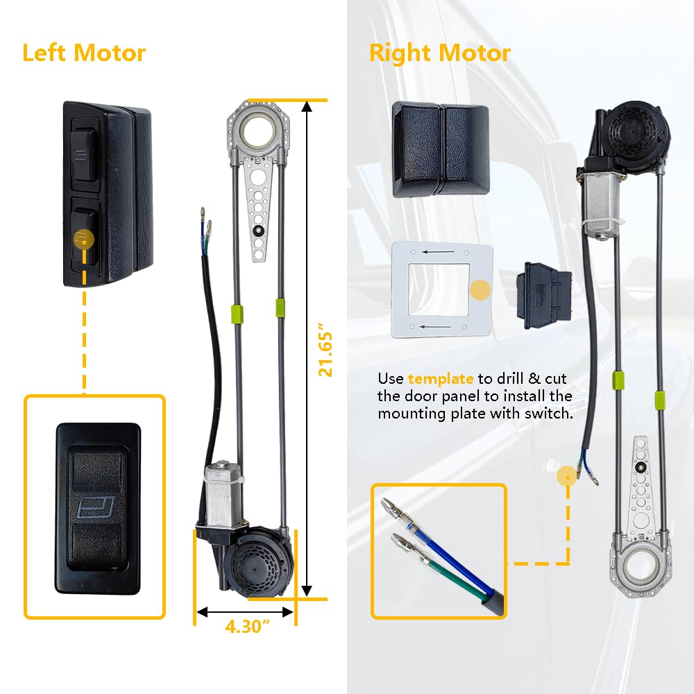Universal 2-Door Power Window Conversion Kit Electric Power Window Lift Roll Up Regulator w/Switches, Wiring | Fit for 2-Door Vehicles with Manual Windows, Sedan, Pickup, Off-Road, Vans, SUV