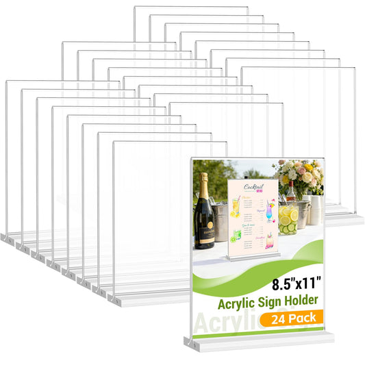Dynta 24 Pack Acrylic Sign Holder 8.5 x 11 Inches Clear Double Sided Vertical Table Sign Holder Document Menu Flyer Holder T Shape Display Stand for Office Stores Restaurants Wedding Party
