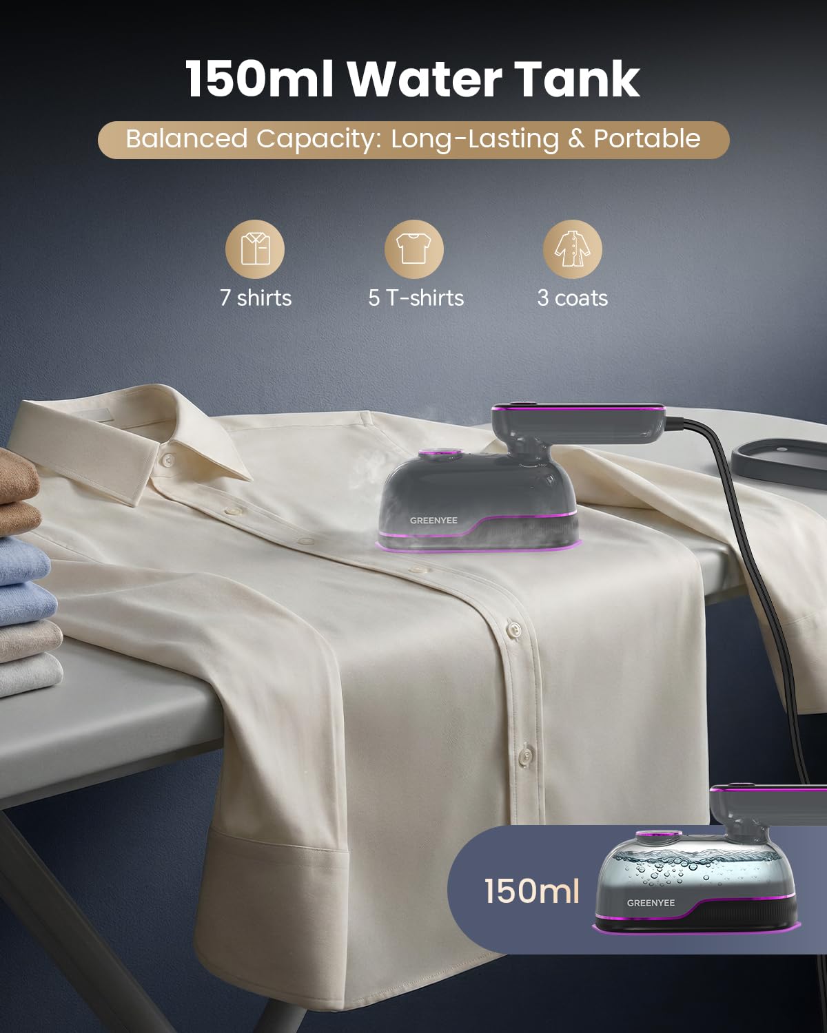 GREENYEE Travel Steamer Iron for Clothes, Portable Handheld Garment Steamer with 6 Smart Modes, Strong Penetrating Steam, 180° Rotatable Handle, 150ml Large Tank for Home & Travel (Light Gray)