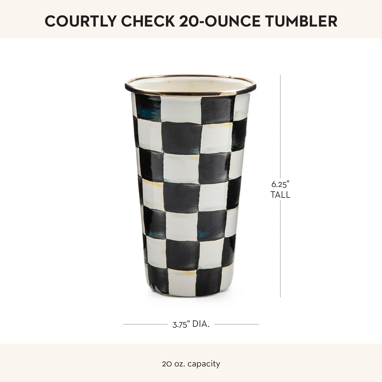 MACKENZIE-CHILDS Enamel Tumbler, Open Tumbler Cup, Cute Enamel Cup, 20 Ounces, Black-and-White Courtly Check