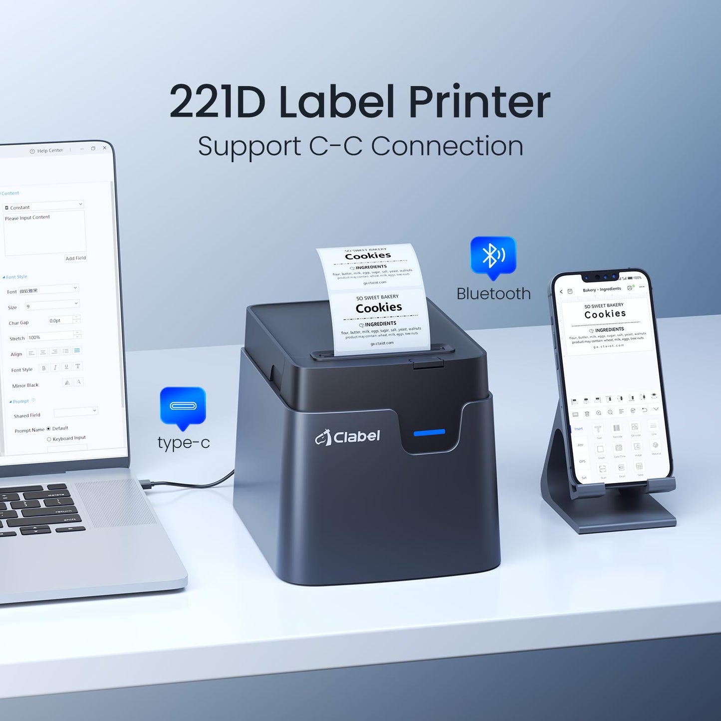 CLABEL Desktop Bluetooth Label Printer: CT221D Label Maker Machine with Direct Thermal Printing, 2 Inch Barcode Sticker Printer for Small Business Address Office with 1 Roll Label