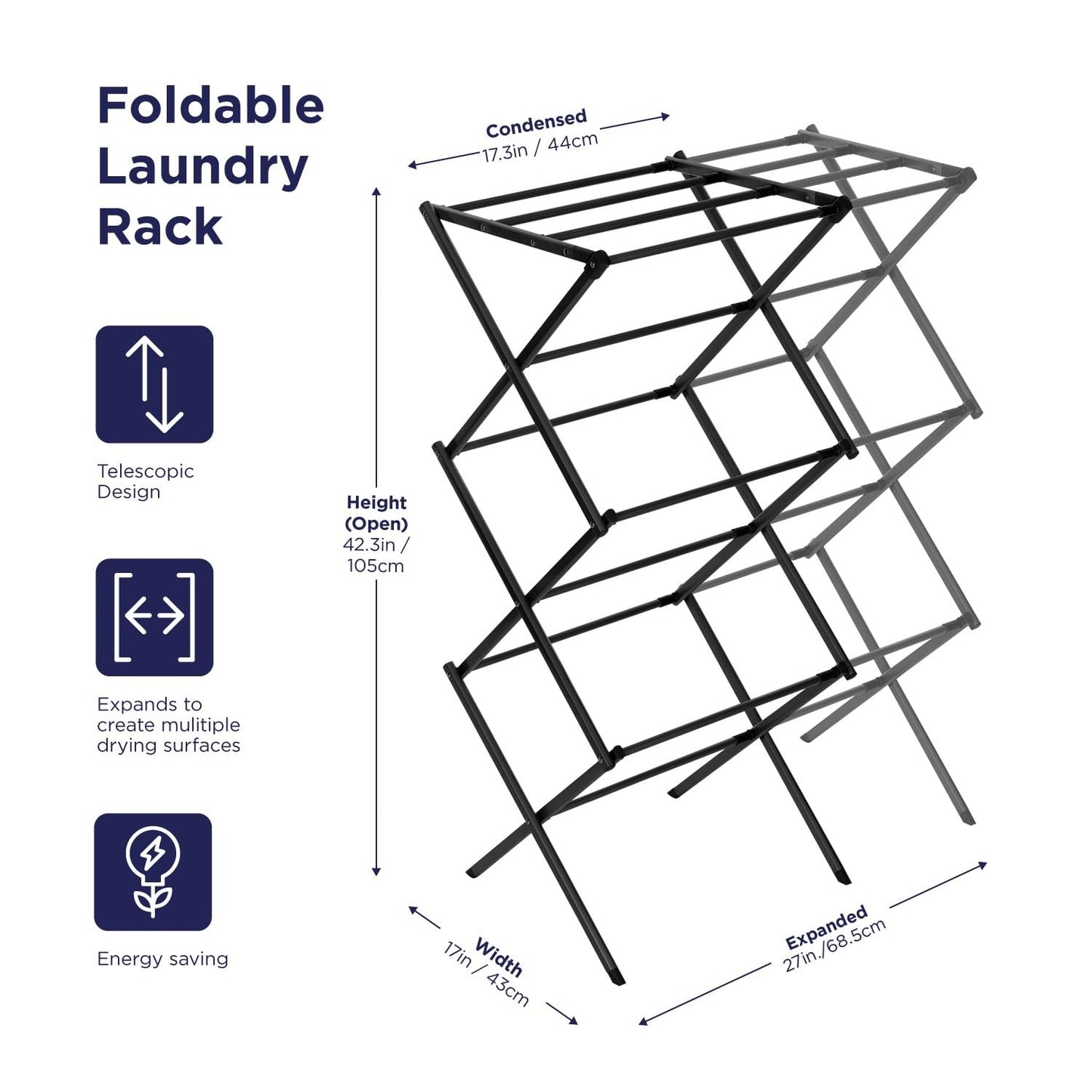 Black+Decker 3 Tier Expandable Collapsing Foldable Laundry Rack for Air Drying Clothing, Space Saving Heavy Duty Lightweight Metal Drying Rack, Black