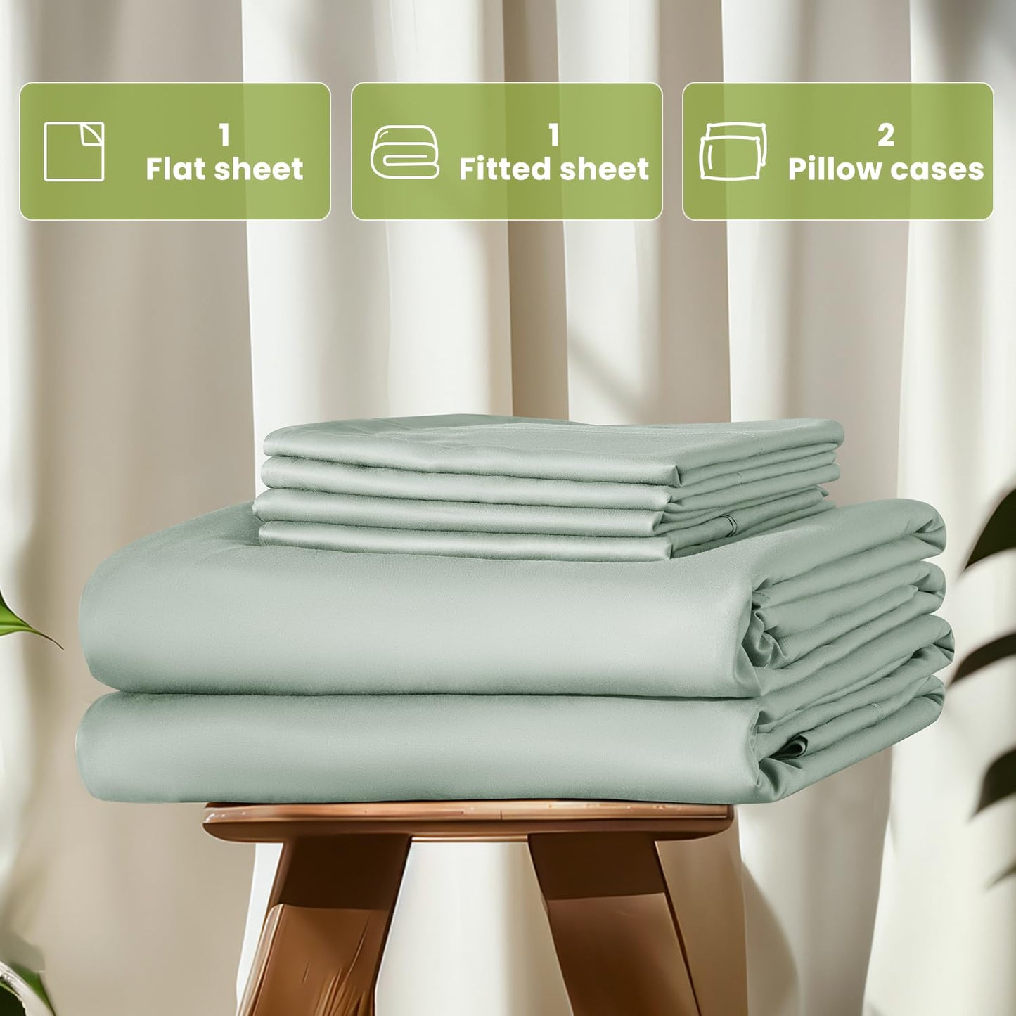 Shilucheng 100% Viscose Derived from Bamboo_Sheets, Extra Deep Pocket Sheets Fits 18"-24" Thick Mattress, Cooling & Breathable Bed Sheets 4Pcs, Hotel Silky Bedding Set (Queen,Sea Glass)