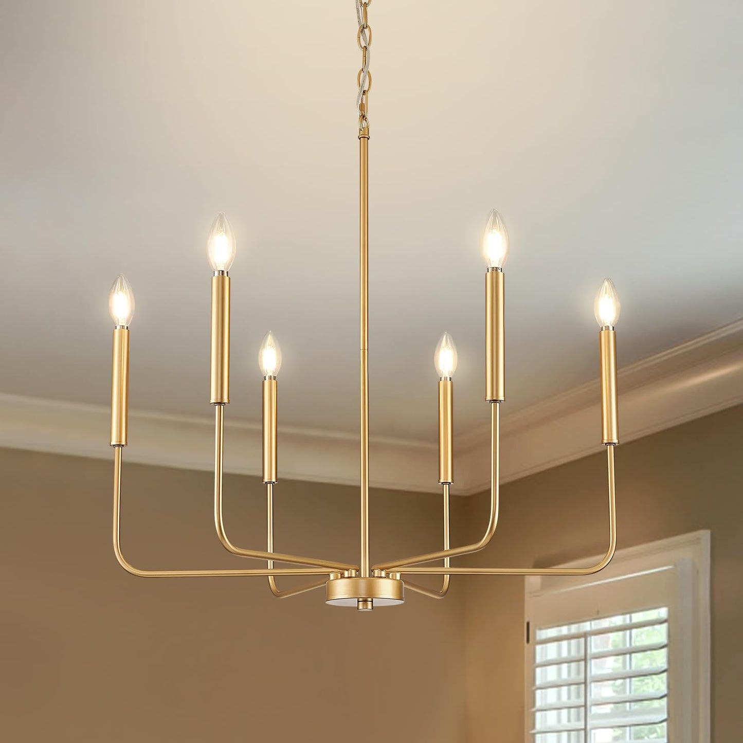 ONESMING Modern Gold Chandelier for Dining Room,Metal 6-Light Kitchen Light Fixtures,Farmhouse Candle Hanging Pendant Light for Living Room Entryway Foyer Bedroom (Bulb Not Included)
