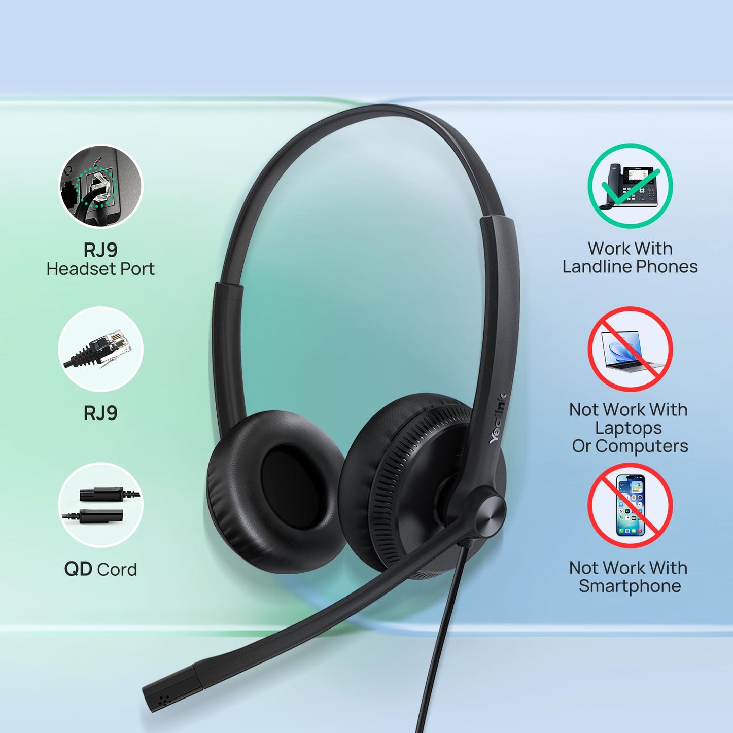 Yealink Phone Headsets for Office Phones YHS34 QD to RJ9 Wired Headset Compatible with Poly Snom Phones Desk Landline Headset with Microphone -Dual/129g/2.1m Cable