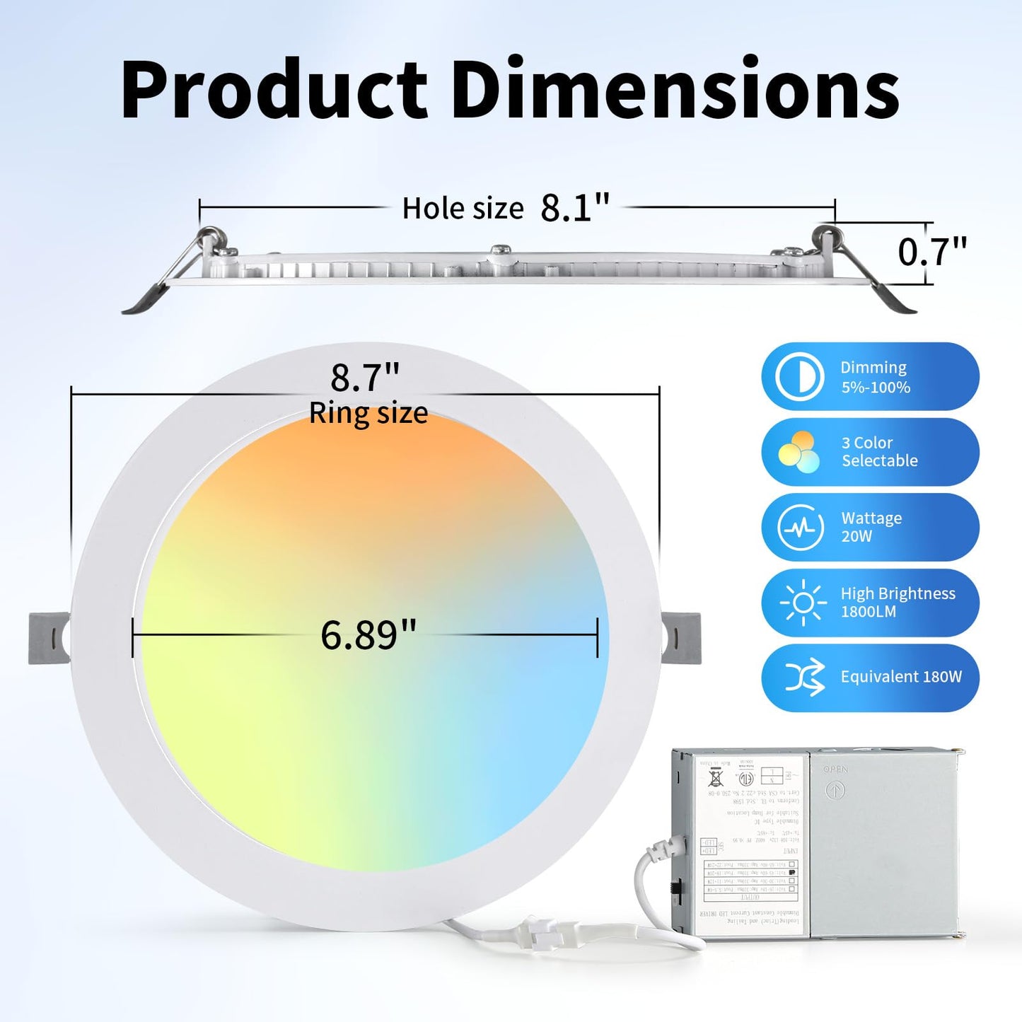 24 Packs 8 Inch Recessed LED Light: Ultra Thin LED Recessed Lighting with Junction Box, 3000K/4500K/6000K Selectable,Ceiling Light, High Brightness 1800LM Dimmable Canless LED Downlight