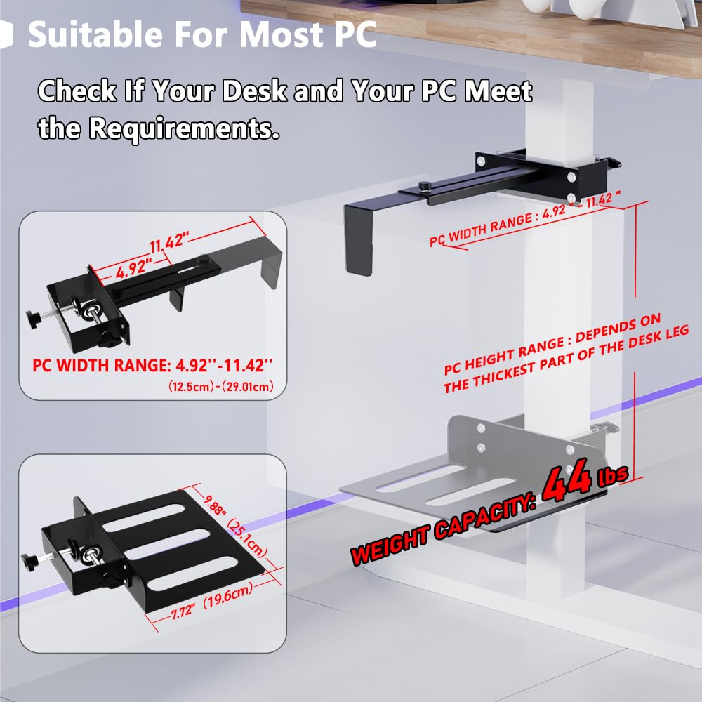 ZUAVIALA Under Desk PC Mount，No-Drill PC Holder for Standing Desk，Width Adjustable Under Desk Computer Mount with Extra Protective Arms，Holds Up to 44lbs with Anti-Slip Mat Design for Home and Office