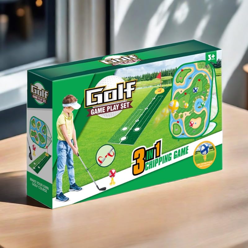 4-In-1 Kids Sticky Golf Games Set With Club, Golf Putting Practice Mat,3-Sided Golf Chipping Net, Multiple Game Modes, Golf Cornhole Board Set, Indoor & Outdoor Golf Practice For Kids & Adults