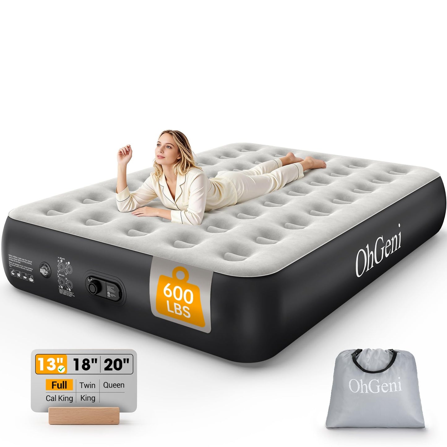 OhGeni Air Mattress Full with Built in Pump, 13" Raised Inflatable Blow up Mattress, Family Choice Award Winner, Portable Foldable Bed with Upgraded Surface for Home & Camping, 600 lbs