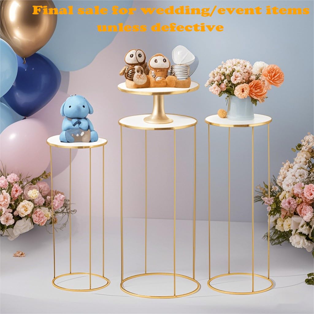 Tectsia 3pcs Metal Cylinder Pedestal Stand for Party, Cilindros Para Decoraciones De Fiestas, Round Cake Pedestal Tables for Wedding Display, Event Decor with Floral Plant, Birthday Backdrop- Gold