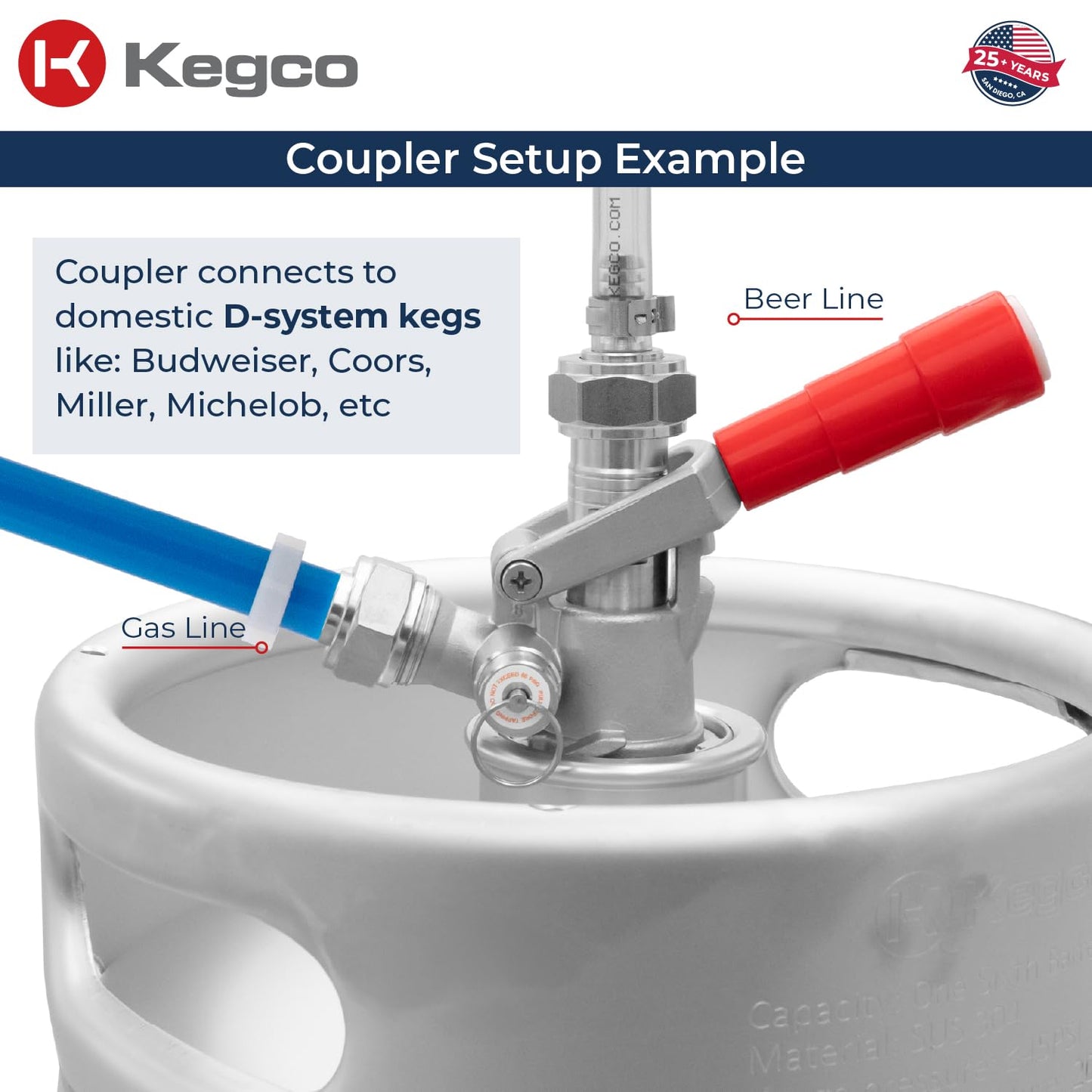 Kegco Beer Keg Coupler D System Tap - Red Lever Handle