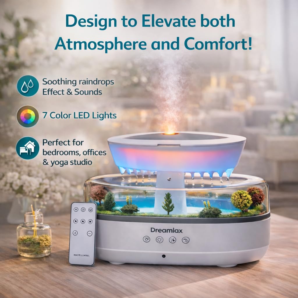 Dreamlax Rain Humidifiers for Bedroom – Cool Mist Essential Oil Diffuser, White Noise Machine with 10 Nature Sounds, 7 LED Lights, Remote Control & Decorative Raindrop Lamp