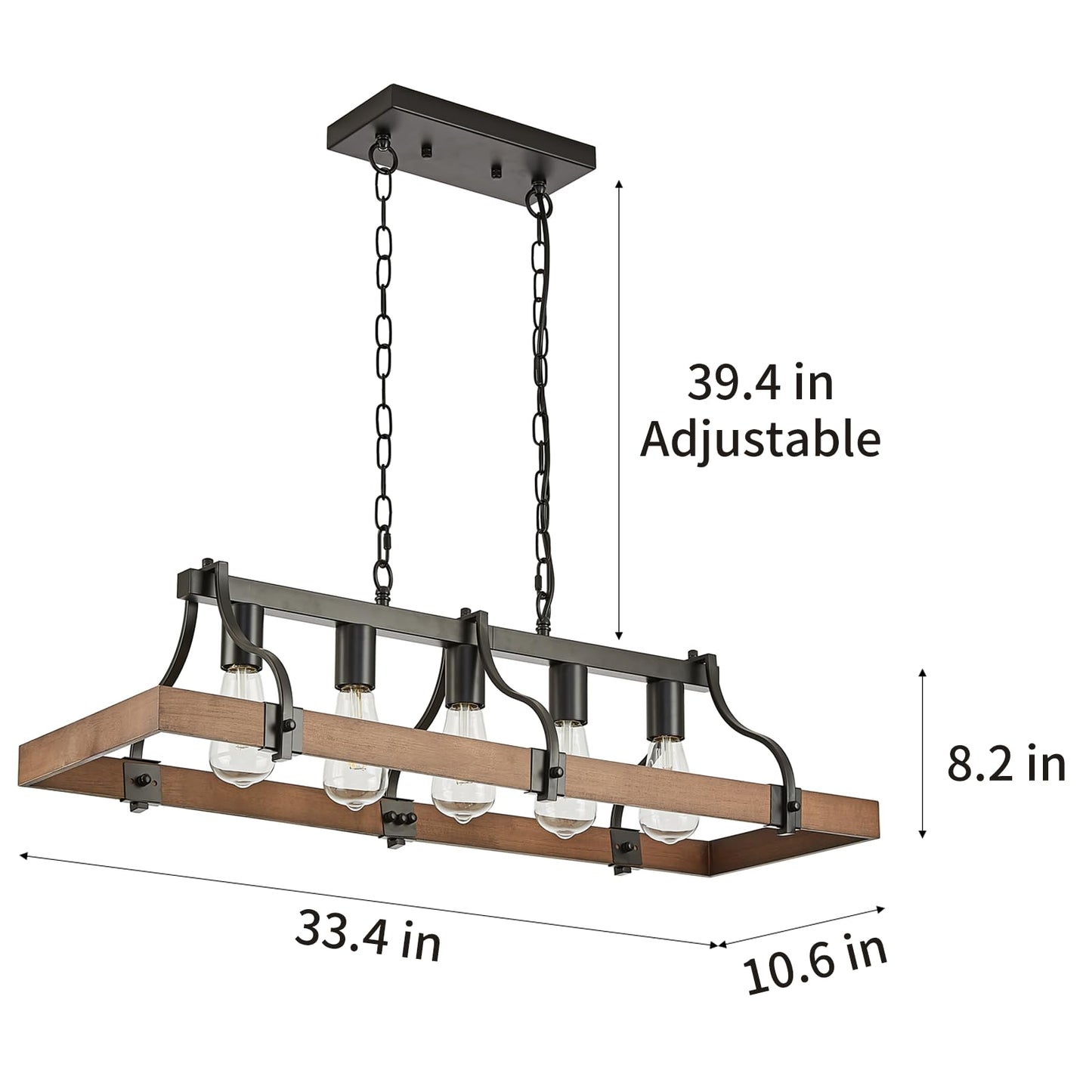 Feohak Farmhouse Chandeliers for Dining Room, 5-Light Rustic Kitchen Island Light Fixture, Wood Linear Industrial Black Rectangular Ceiling