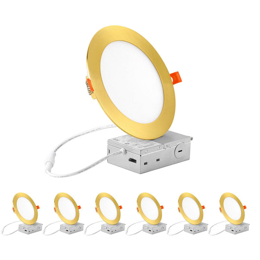ZYC recessed Lighting 6 inch - 12W 1100LM High Brightness,5CCT 2700K/3000K/3500K/4000K/5000K Selectable,Ultra-Thin LED Recessed Ceiling Light,Dimmable Canless Wafer Downlight,Pack of 6 Gold.