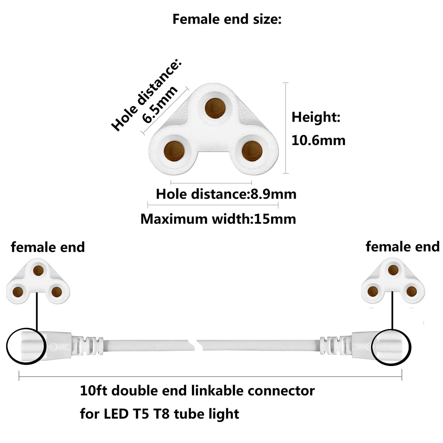 GOCuces T5 T8 Extension Cords,10ft Lamp Connecting Wires,3-Prong Power Cables,Female to Female End Connectors for LED Tube,Under Cabinet,Shop Lights,Pack of 10