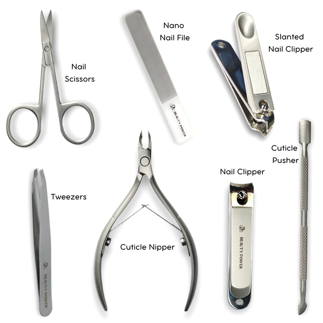 Beauty Power Manicure Pedicure Set 7-in-1 Stainless Steel, Ultra Sharp, Slanted Nail Clipper, Fingernail Clipper, Cuticle Nipper, Glass Nail File, Eyebrow Tweezers, Scissors, Case – Gift (Matte Grey)