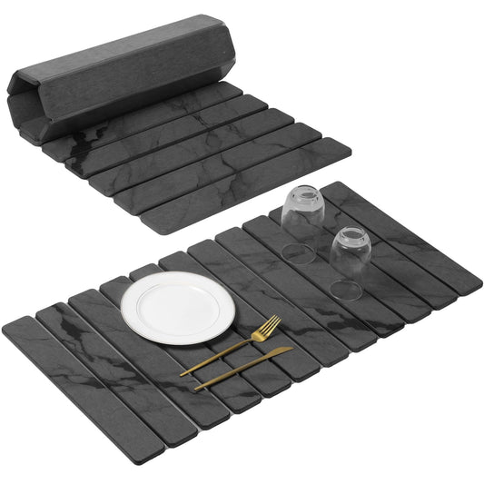 Extra Large Stone Dish Drying Mat for Kitchen Counter, Quick Dry Stone Dishes Mats, Foldable Water Absorbing Diatomaceous Drying Pad for Countertop Bottles Utensils Cups Bathroom(Dark Gray 32"×16"）