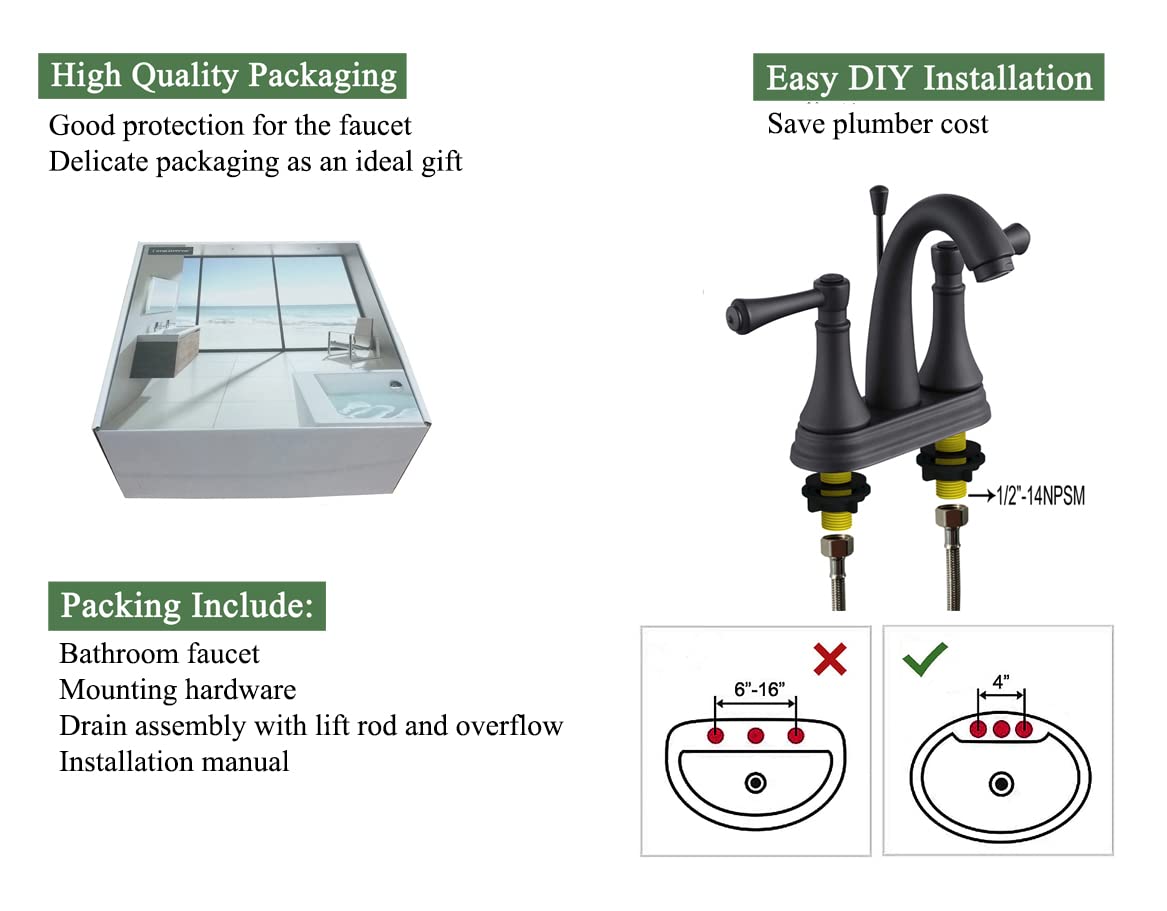 Matte Black 4 Inch Bathroom Sink Faucet 3 Hole, 2 Handle Centerset Bathroom Faucet with Metal Casting Spout, Modern RV Farmhouse Vanity Faucets, Include Drain with Overflow and Lift Rod, TAF410Y-MB