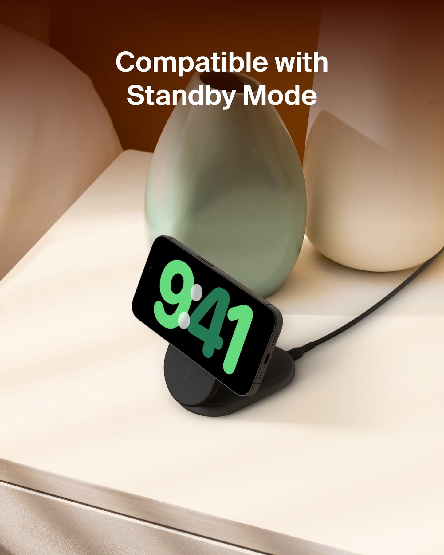 Belkin Magnetic Foldable Wireless Charging Stand 15W - MagSafe-Compatible Qi2-Certified iPhone Charger, Wireless Charging Stand for iPhone 16, 15, & 14 Series, Standy Mode Ready, PSU Included - Black