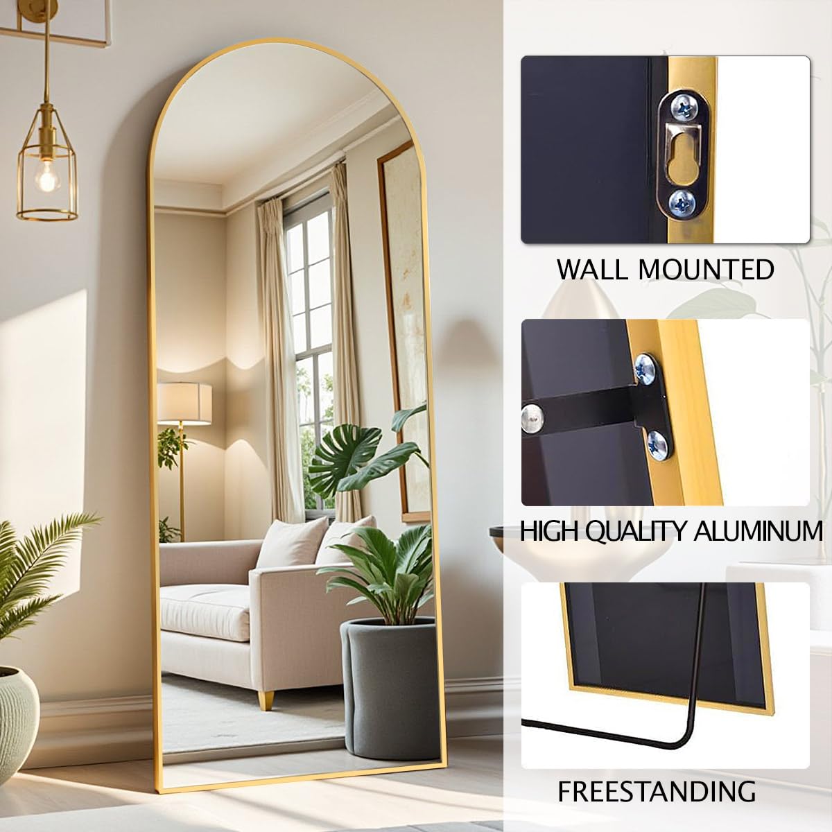 DMWOODFL 58"x18" Arched Full Length Mirror - Floor Standing or Wall Mounted with Stand, Aluminum Frame & Shatter-Proof Glass, Gold Freestanding Mirror for Bedroom, Living Room, Entryway Decor