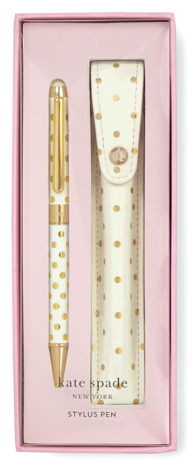 Kate Spade New York Black Ink Ballpoint Pen with Stylus Tip and Storage Pouch, Gold Dots