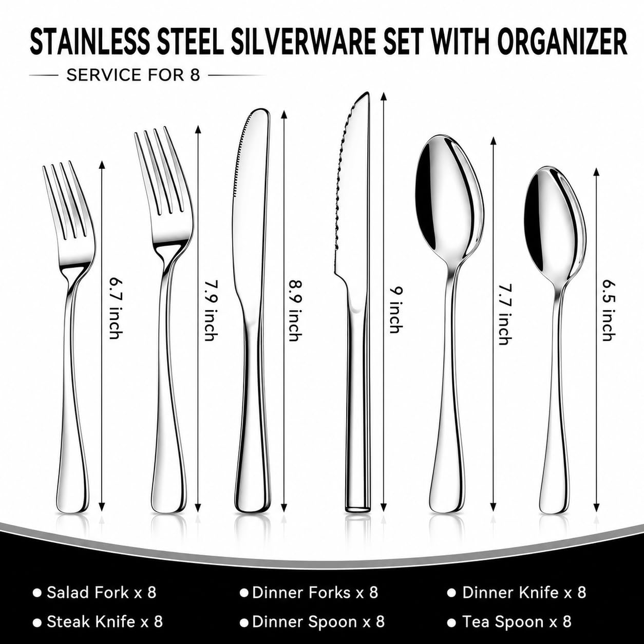 49-Piece Stainless Steel Silverware Set with Cutlery Organizer, Service for 8 with Steak Knives and Kitchen Utensils