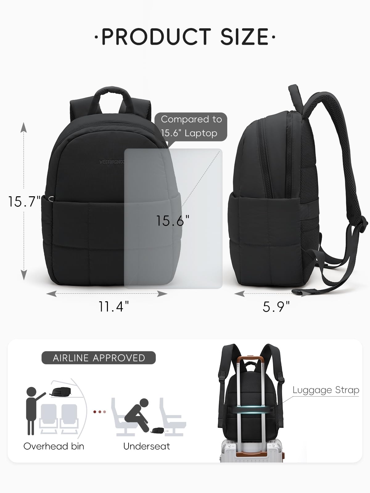 WESTBRONCO Puffer Laptop Backpack for Women Travel Backpack for Women Airplane Approved Backpack with 16'' Laptop Compartment