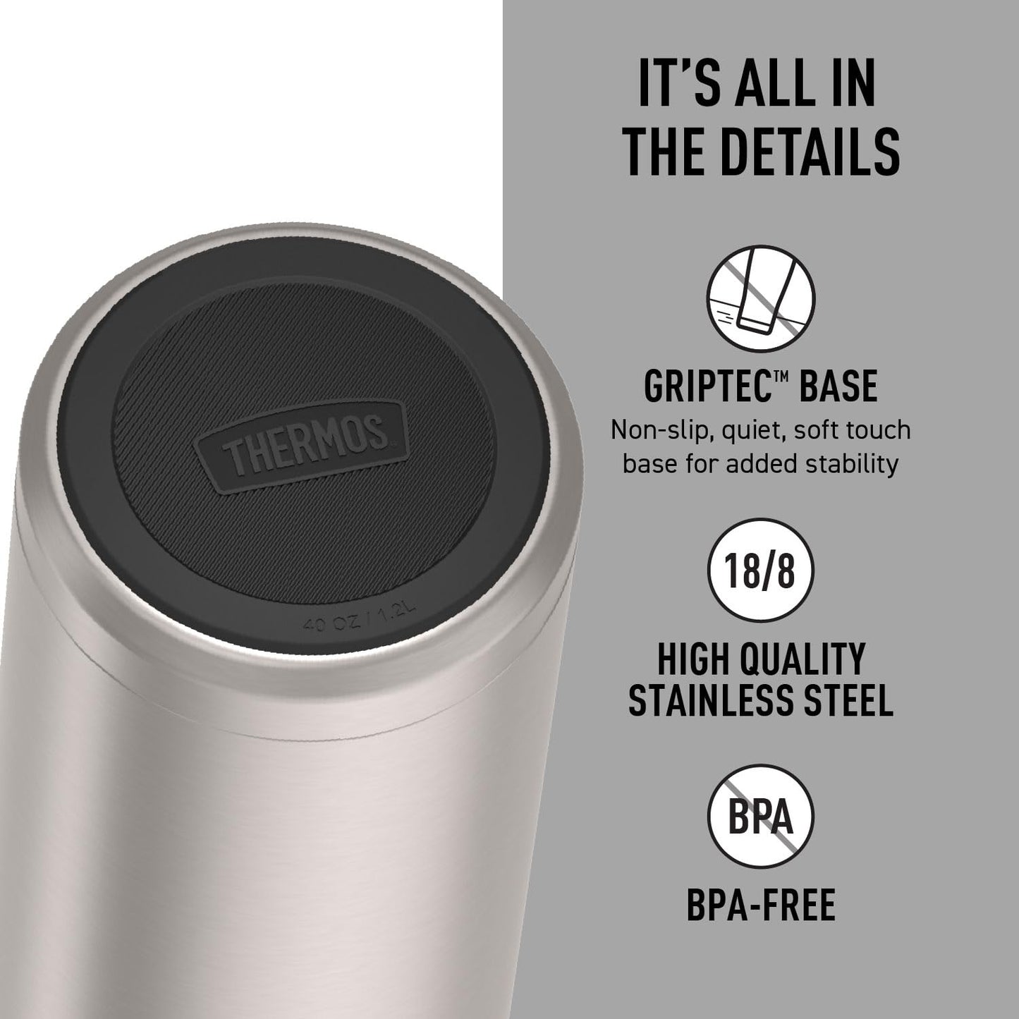 THERMOS ICON SERIES, Stainless Steel Beverage Bottle, Matte Stainless Steel, 40 oz