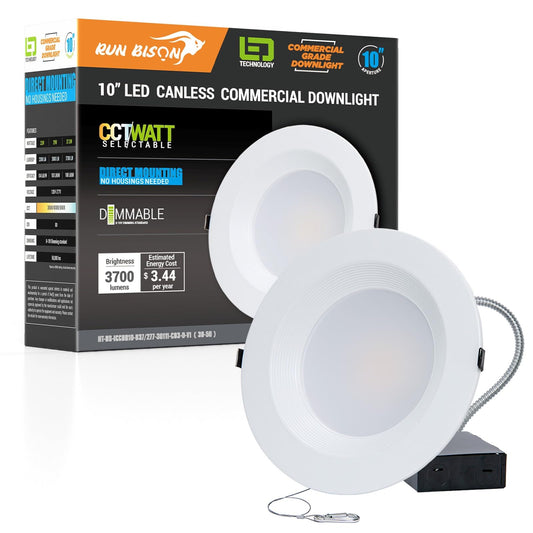 10 Inch Recessed LED Commercial Downlight with J-Box, Wattage Adjustable 22/29/37.5W,3 Color Selectable 3000K-5000K, 120-277V,0-10V Dimmable, IC Rated,Canless LED Downlight,UL & Energy Star