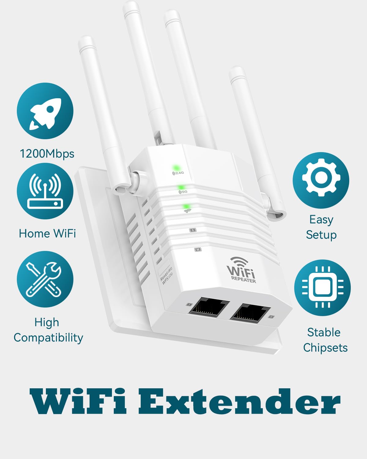 AOOEPU 1200Mbps Dual - Band WiFi Extender Signal Booster, WiFi Extender with 4 Antennas, WiFi Booster Covers Up to 12880 Sq.ft & 105 Devices, WiFi Repeater with Wall - Plug Signal Booster for Home