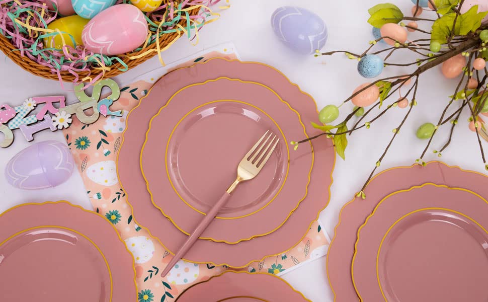 Nervure Purple Plastic Plates 100 Packed- Mauve and Gold Disposable Plates & Gold Plastic Silverware with Purple Handle For Wedding&Coming Spring Parties - Served for 20Guests