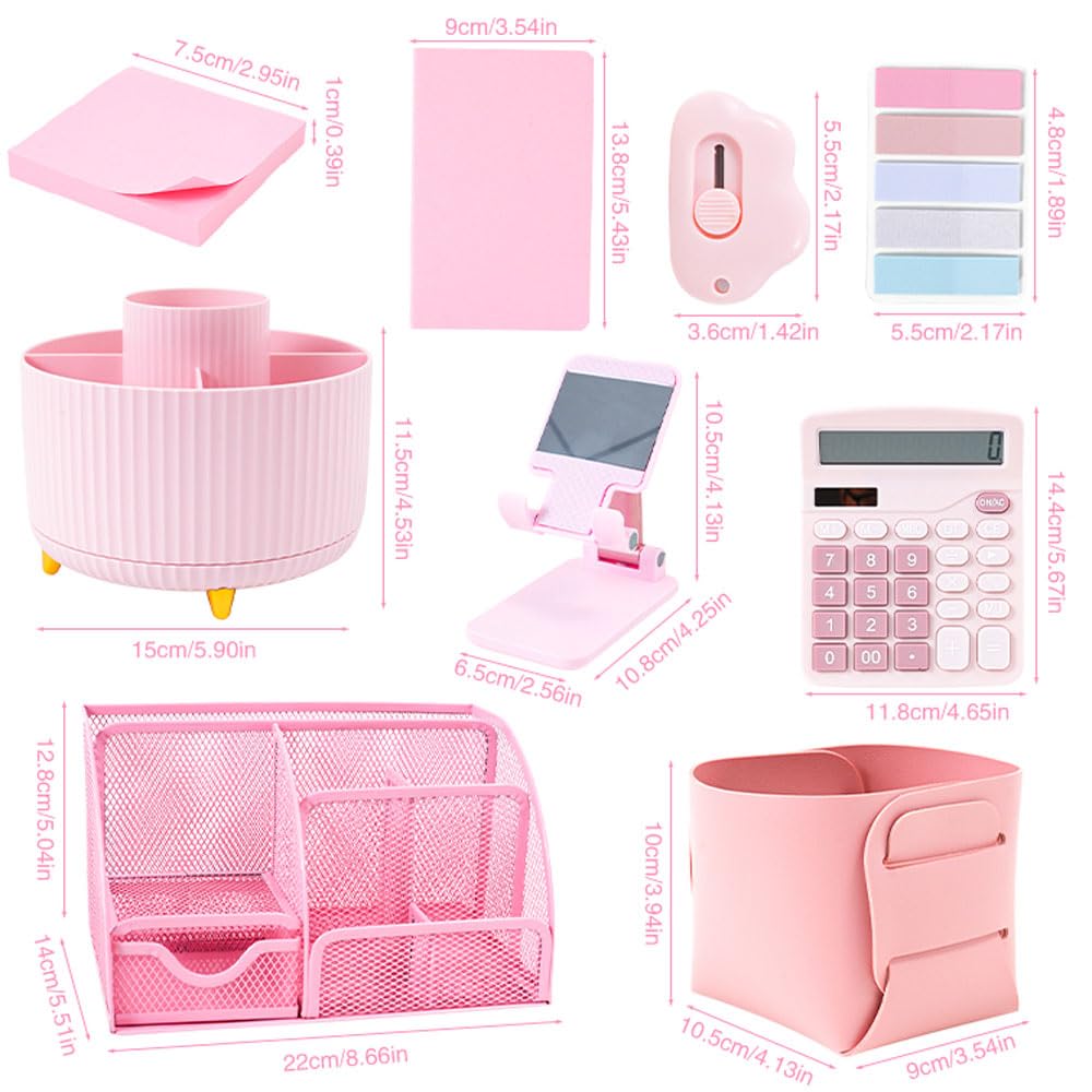 Gawsey Desk Organizers and Accessories with Desk Organizer 360° Rotating Pen Holder and Office Supplies, Cute Stationery Supplies Set (Pink)