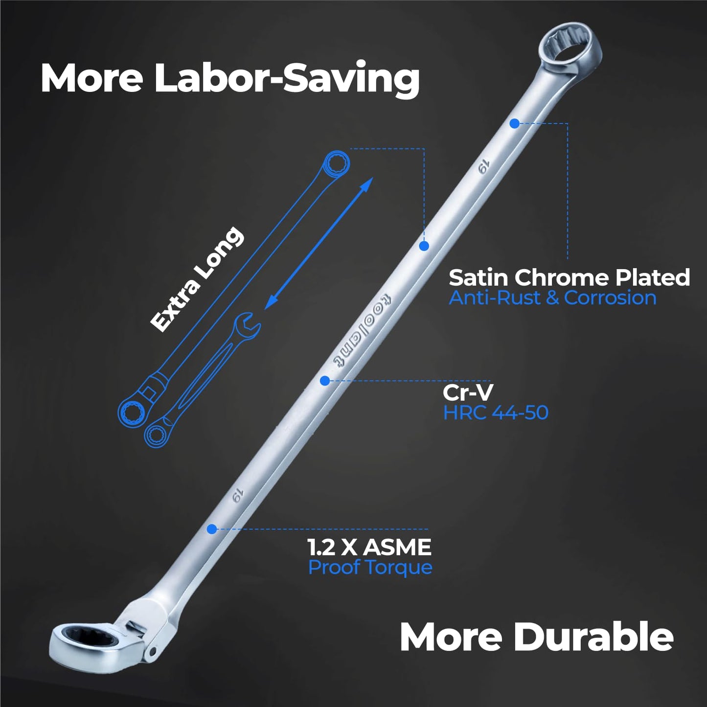 toolant Extra Long Ratcheting Wrench Set, Flex Head & Fixed Offset Head Double Box End Combination Wrench Set, CR-V Steel, Metric 8-19mm, 12PCS with Storage Tray