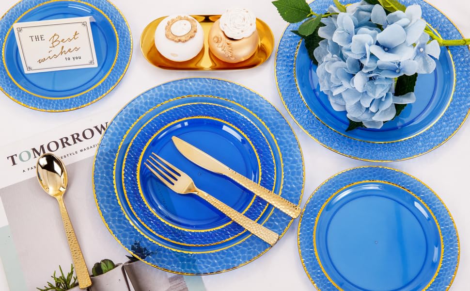 Nervure 150PCS Clear Blue Plastic Plates - Gold Party Plates - Blue and Gold Dinnerware Set Include: 50 Disposable Plate, 25Cups, 25Forks, 25Knives, 25Spoons for Wedding & Party & Father's Day