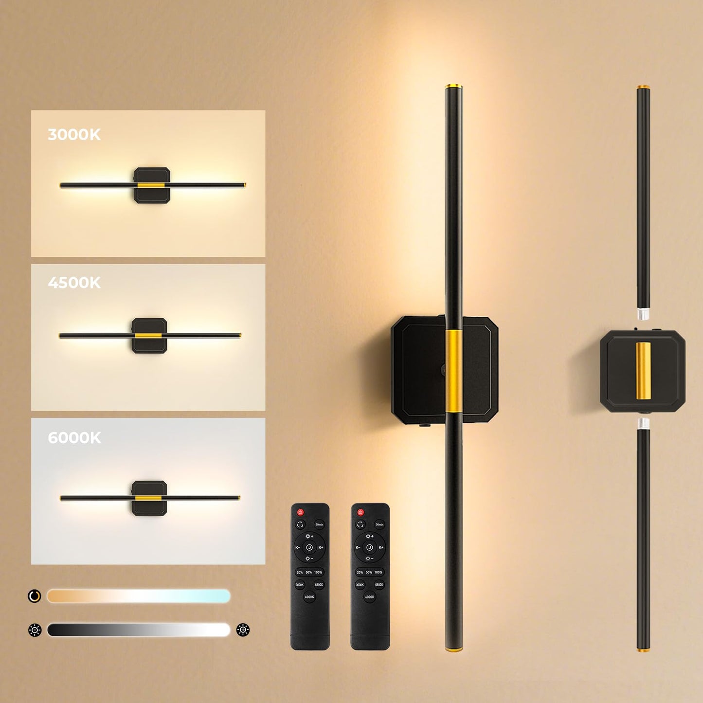GvvooHome Battery Operated Wall Sconces Set of 2, Detachable 360°Rotate Wall Lamps, 3000-6500K Dimmable with Remote Control, 10000mAh Rechargeable Wall Light for Bedroom, Living Room, 28.3" Black Gold