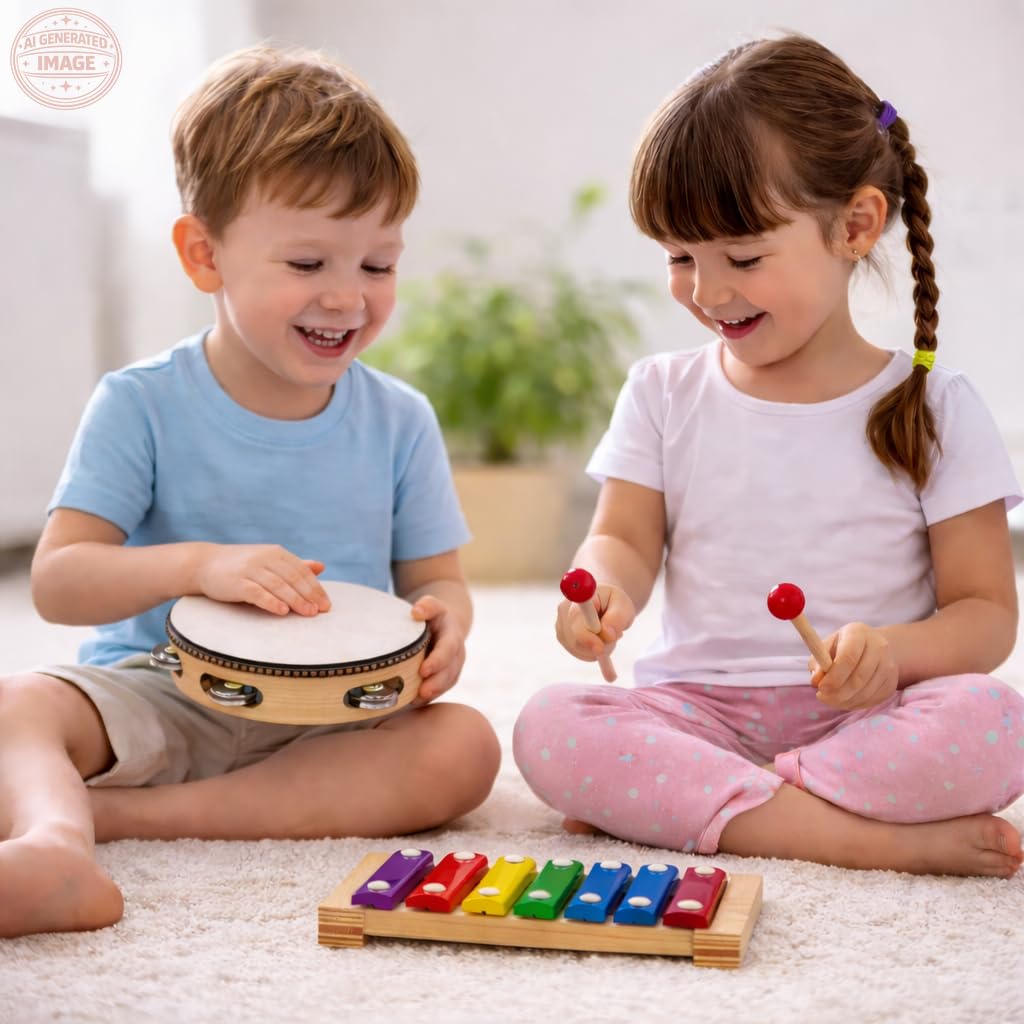 Stoie's 34 PCS Kids Musical Instruments for Babies and Toddlers, Montessori Educational Music Toy with Xylophone, Tambourine, Hand Bell, Triangle, Maracas, Durable, Storage Bag, Unisex