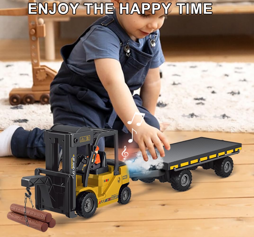 KNACKTOYZ Remote Control Forklift with Flatbed Truck, 11 Channel RC Forklifts with Spray, Cool Lights & Sound, 2 in 1 Lift Fork & Hook, Crane Construction Toys for Boys, Birthday Gift for Kids 3+